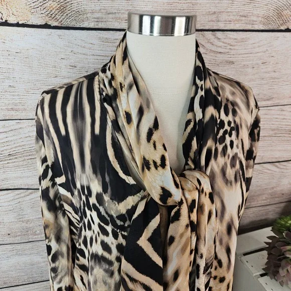 Black Label by Chico's Mixed Animal Print Tie Neck Blouse Leopard Zebra Womens L - Picture 2 of 5
